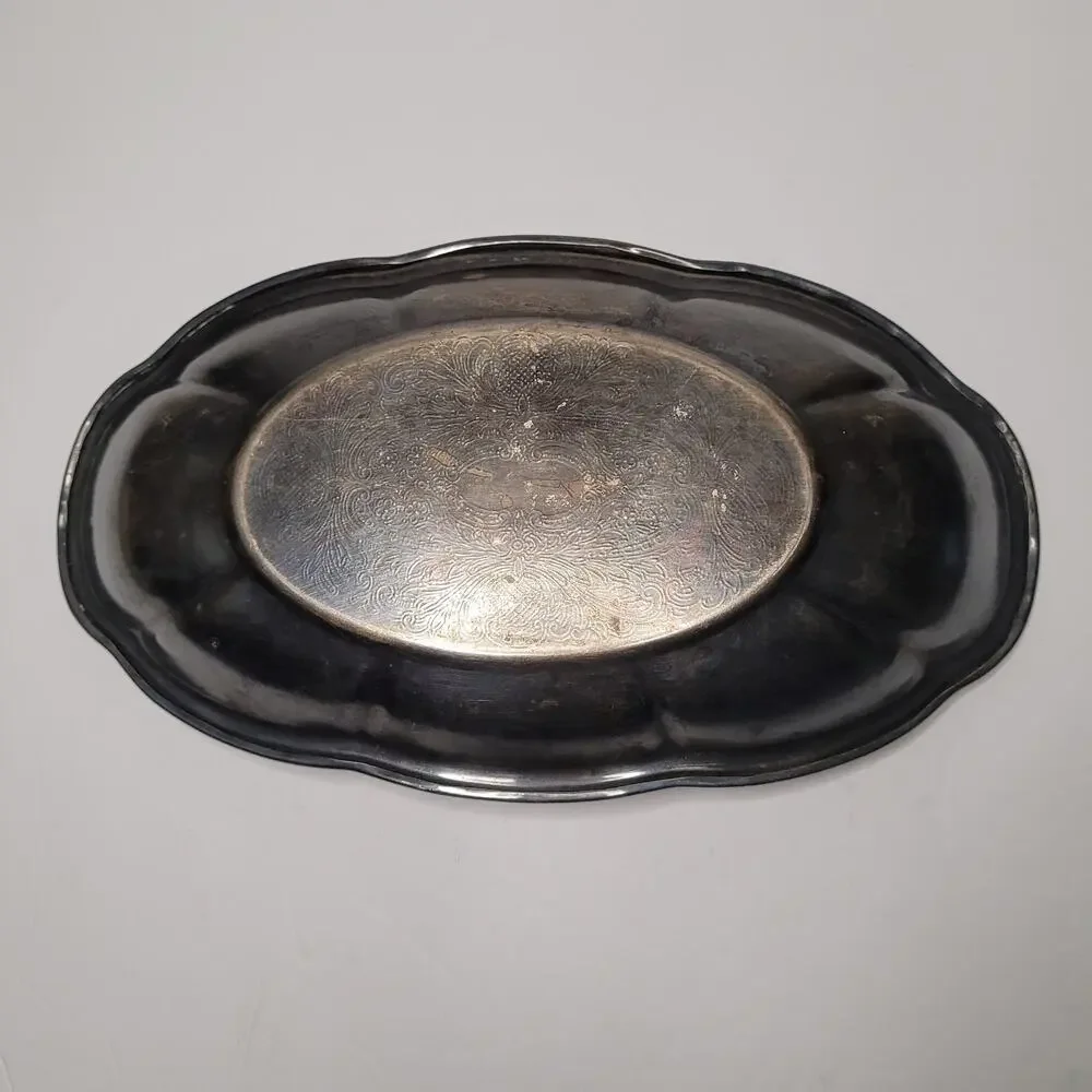 Vintage Silver Oval Chippendale Style Serving Plate 12X7 inches